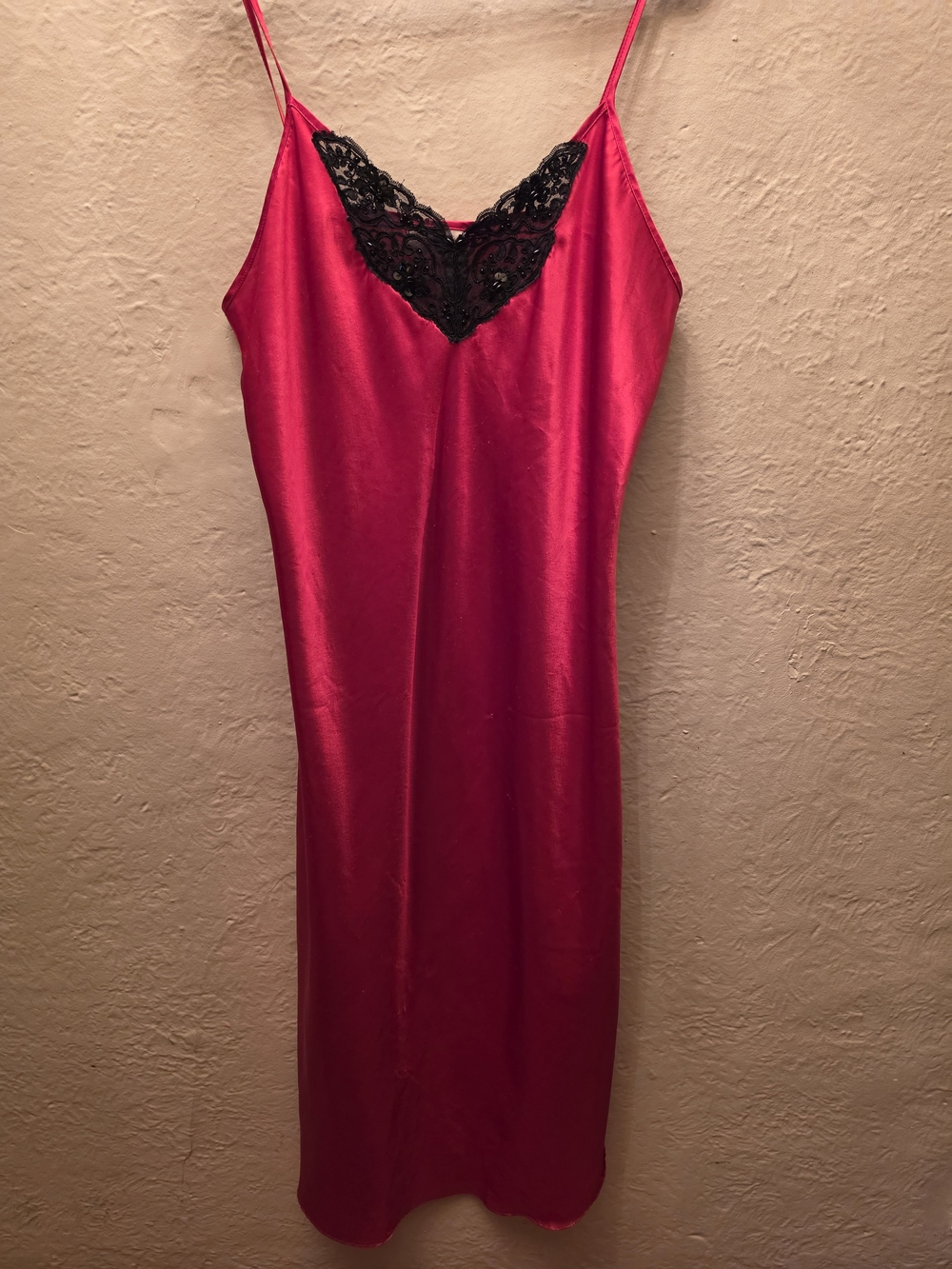 Vintage 90s Inner Most Red Satin Slip Nightgown Black Lace Maxi Chemise